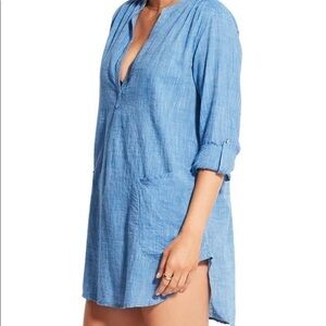 Seafolly cotton chambray tunic beach cover up split neck roll tab sleeve S